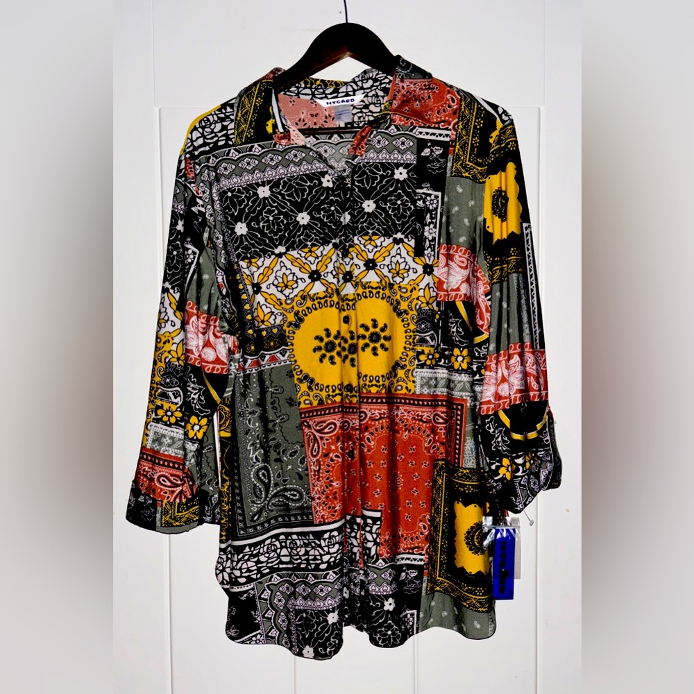 Peter Nygard Abstract Art To Wear Button Down Artsy Collared Blouse Women XL NEW